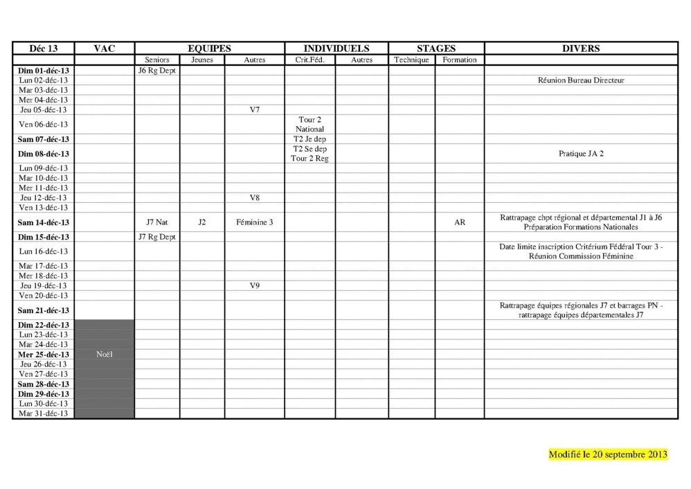 Calendrier Saison 2013-2014