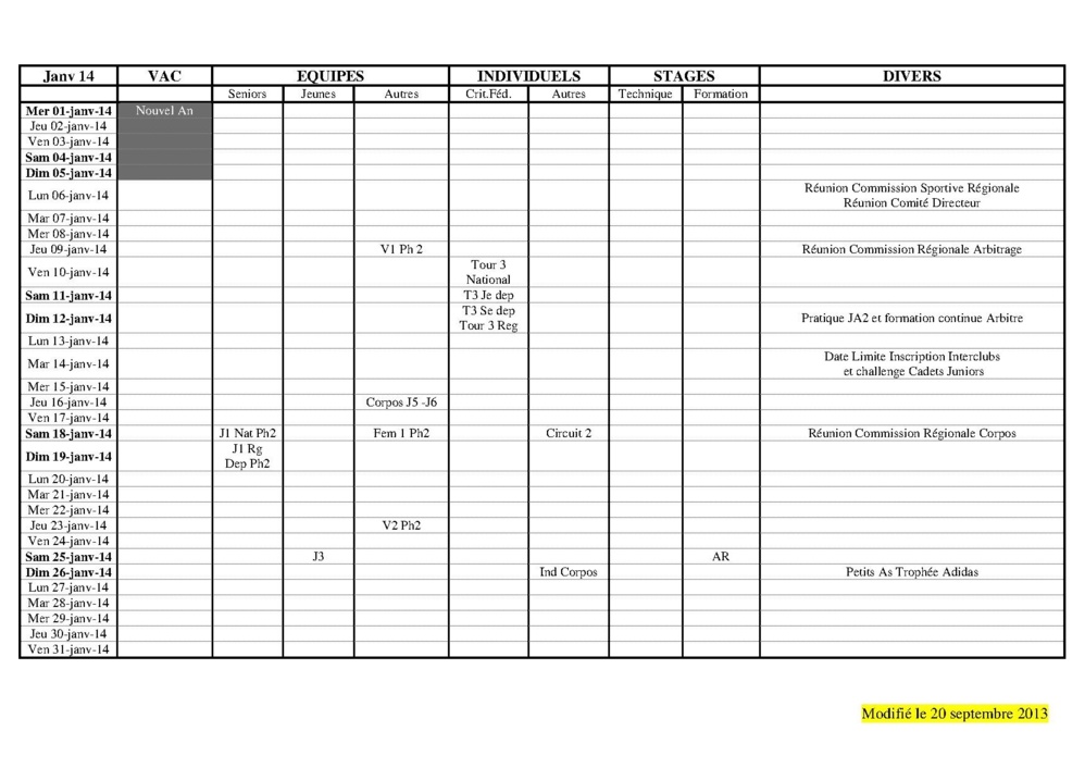 Calendrier Saison 2013-2014