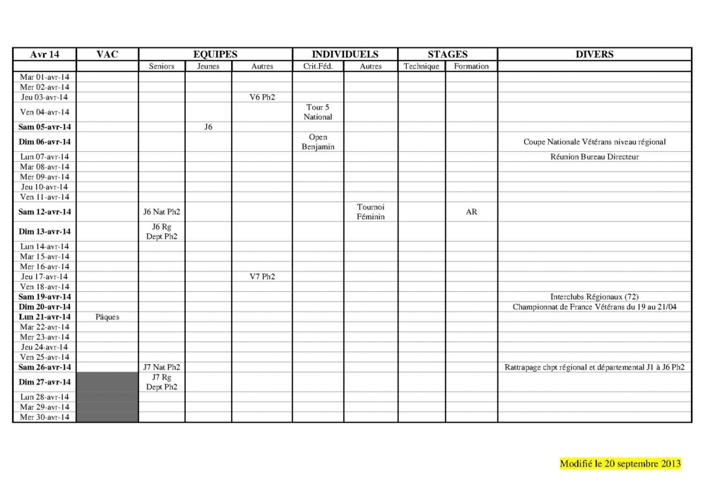 Calendrier Saison 2013-2014