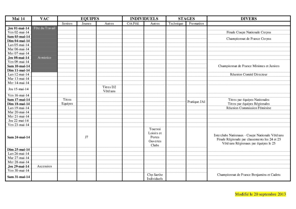 Calendrier Saison 2013-2014