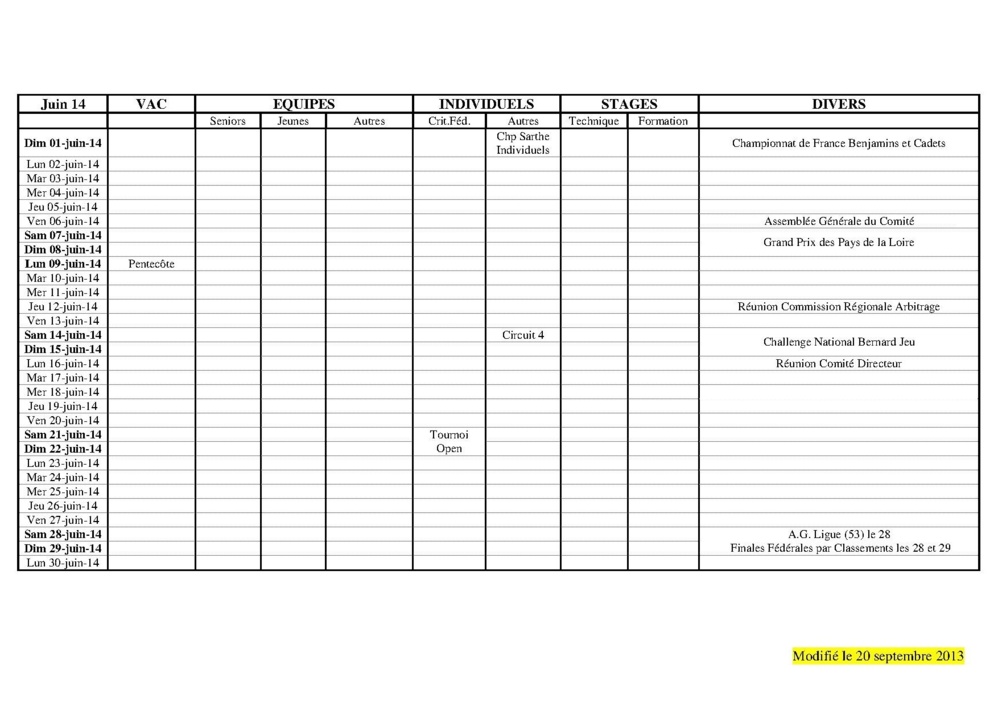 Calendrier Saison 2013-2014