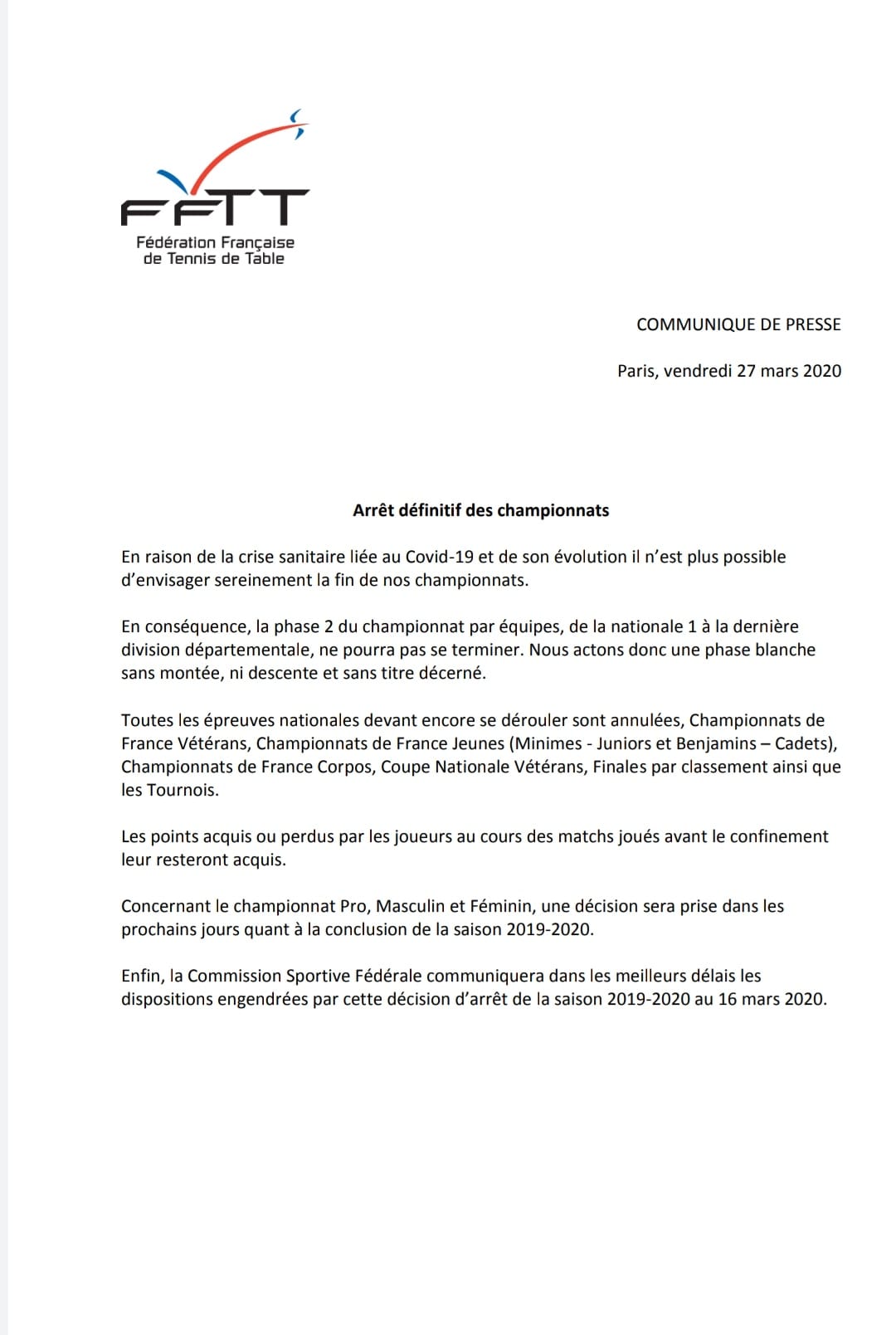 FFTT : Arrêt définitif des championnats FFTT : Arrêt définitif des championnats