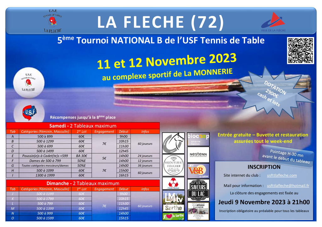 Tournoi National B de USF Tennis de Table le 10, 11 et 12 novembre 2023