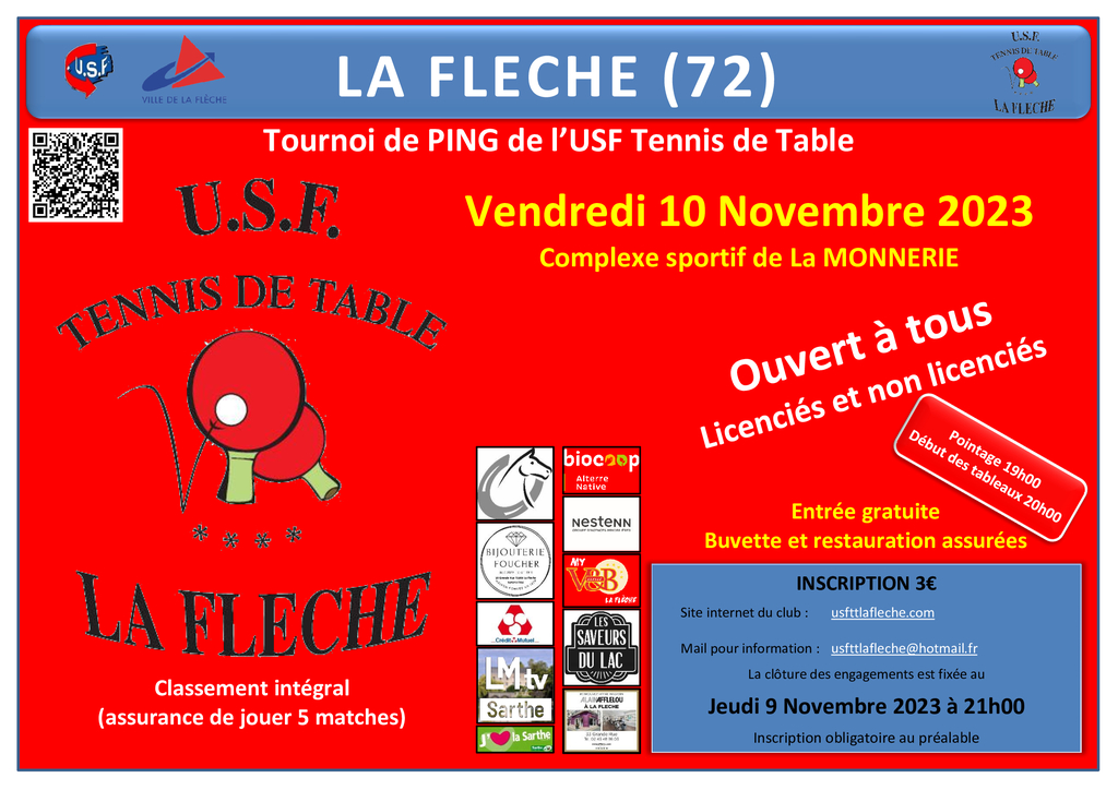 Tournoi National B de USF Tennis de Table le 10, 11 et 12 novembre 2023