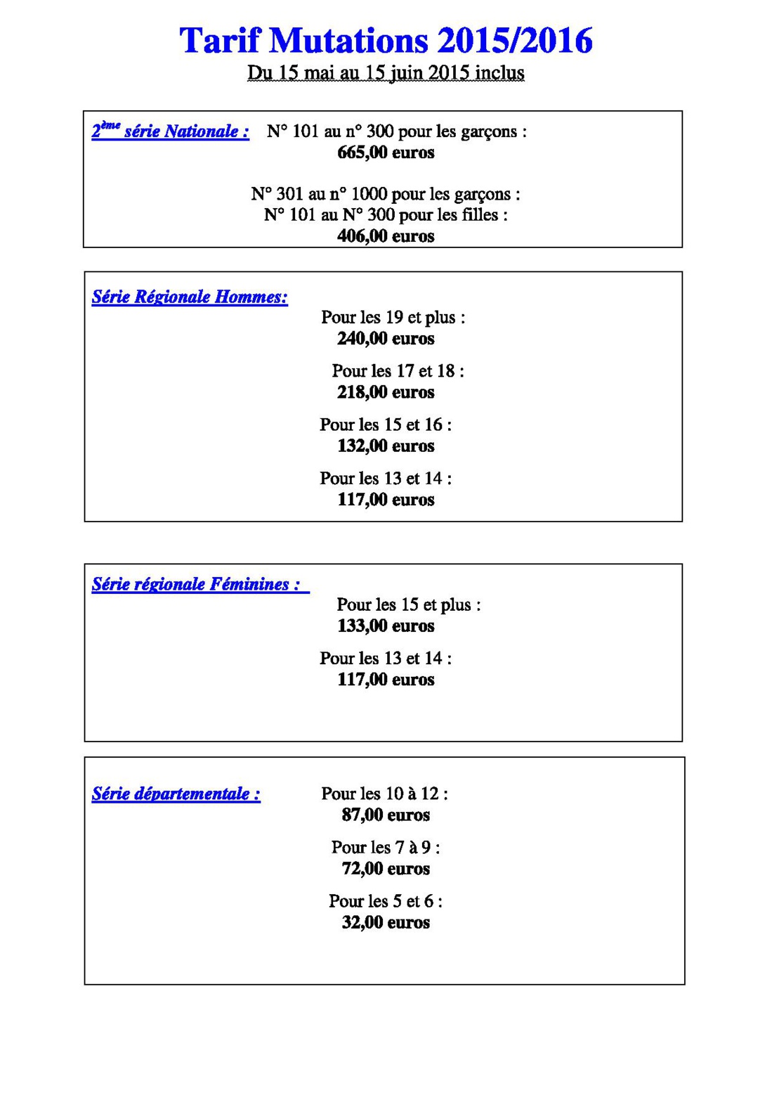 Période et Tarif Mutations Période et Tarif Mutations