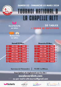 La Chapelle ALTT organise son Tournoi National B le 02 et 03 mars 2024 La Chapelle ALTT organise son Tournoi National B le 02 et 03 mars 2024