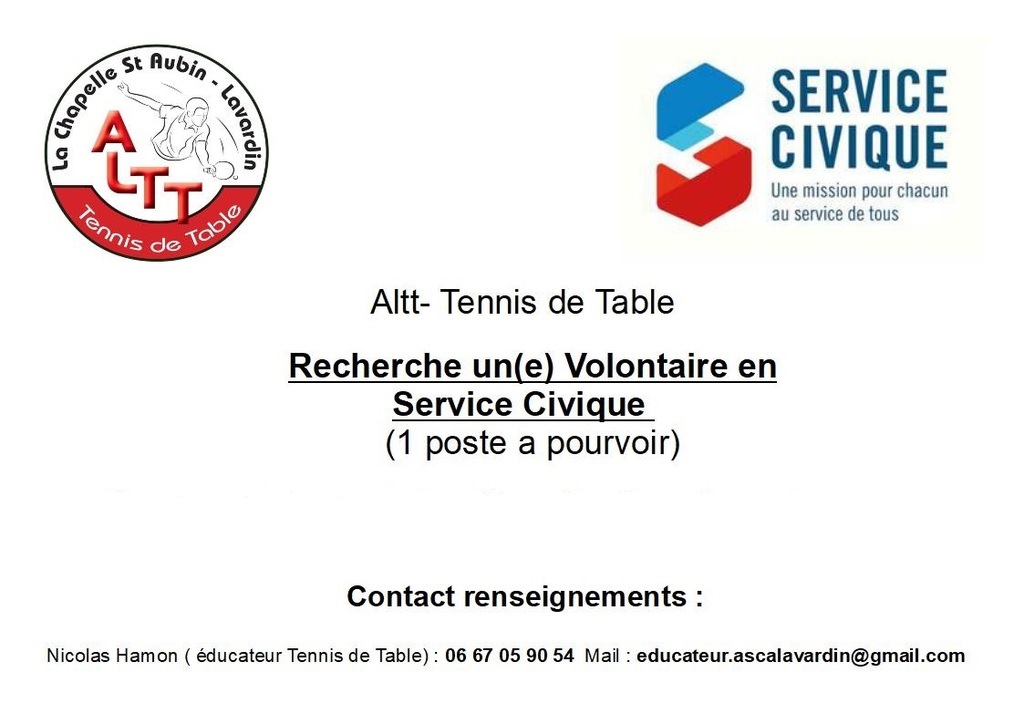 Le club de La Chapelle ALTT recherche un(e) volontaire en service civique Le club de La Chapelle ALTT recherche un(e) volontaire en service civique