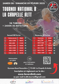 La Chapelle ALTT organise son Tournoi National B le 08 et 09 Février 2025 La Chapelle ALTT organise son Tournoi National B le 08 et 09 Février 2025