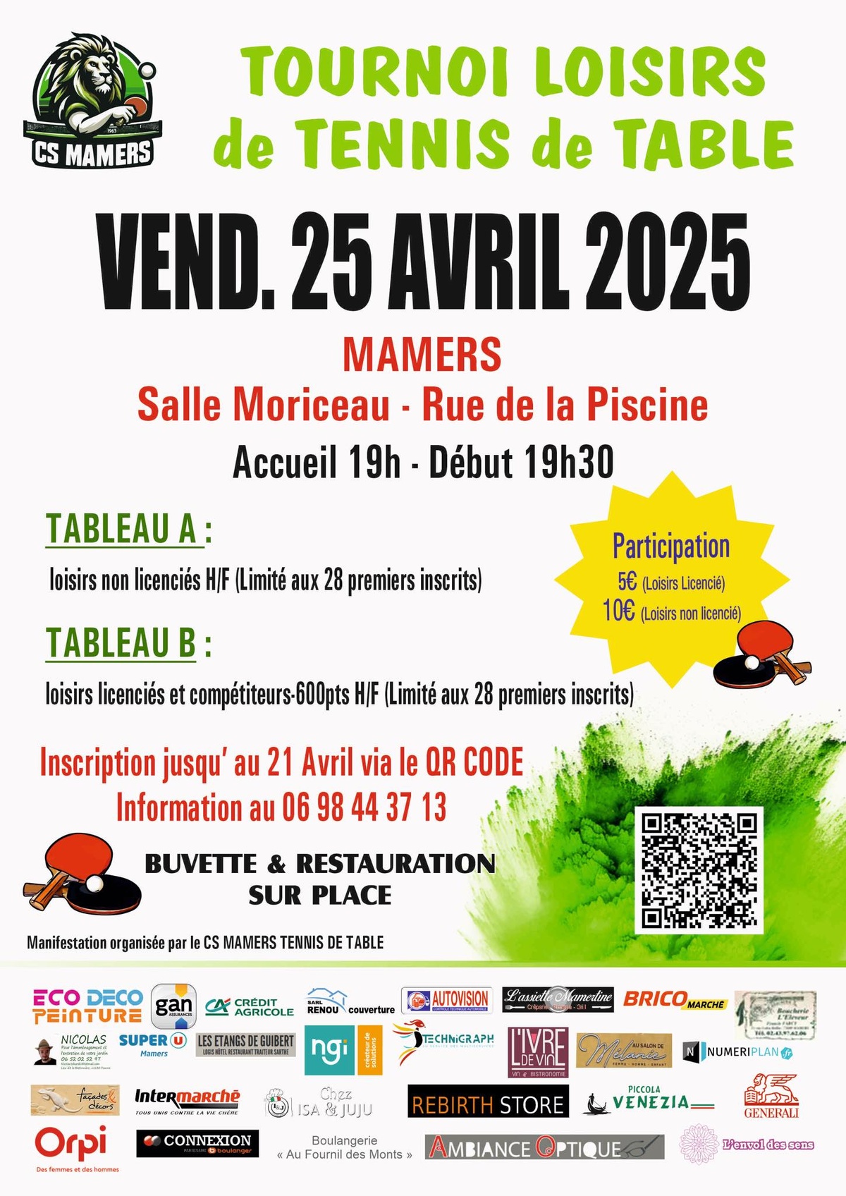 Tournoi loisir le 25 avril 2025 organisé par le club de CS Mamers TT Tournoi loisir le 25 avril 2025 organisé par le club de CS Mamers TT