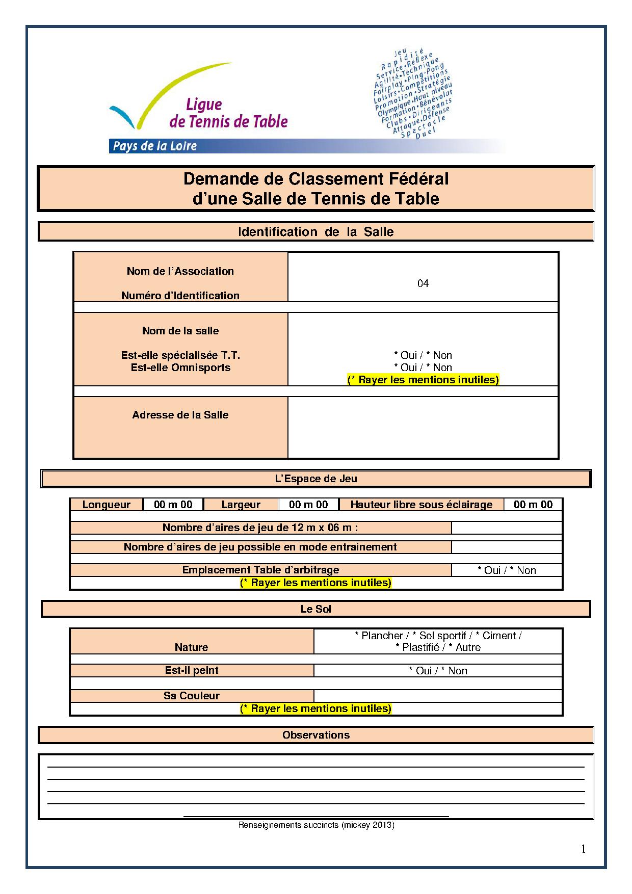 Demande de classement (Homologation) d'une Salle