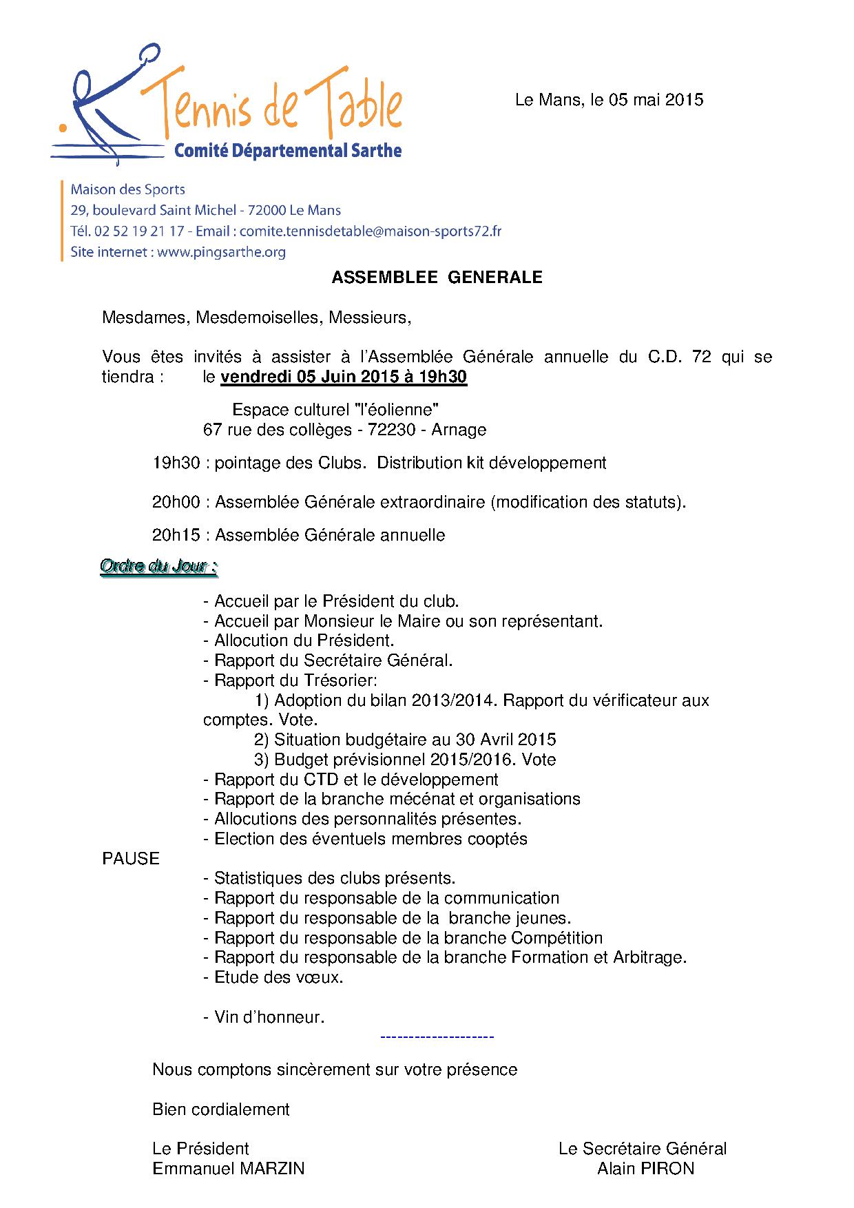 Assemblée Générale du 05/06 Assemblée Générale du 05/06