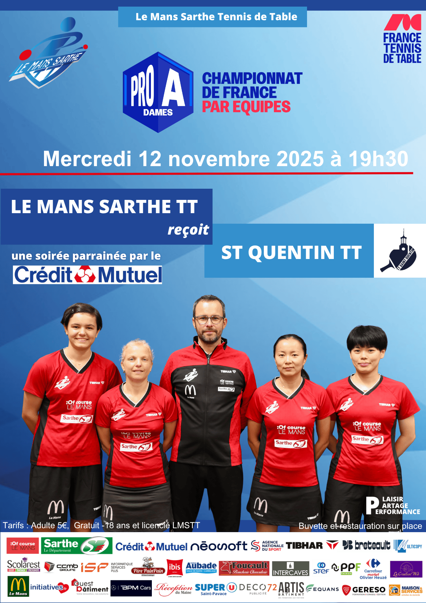 Match de Pro A dames :  LMSTT vs Saint Quentin TT le Mercredi 12 novembre à 19h30