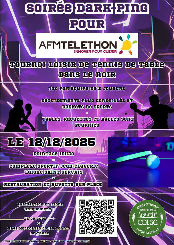 Tournoi Dark Ping COLSG - Téléthon 12 Décembre