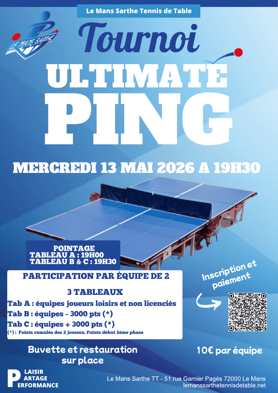 Tournoi Ultimate Ping Le Mans Sarthe TT mercredi 13 mai à partir de 19H30