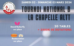 La Chapelle ALTT organise son Tournoi National B le 02 et 03 mars 2024